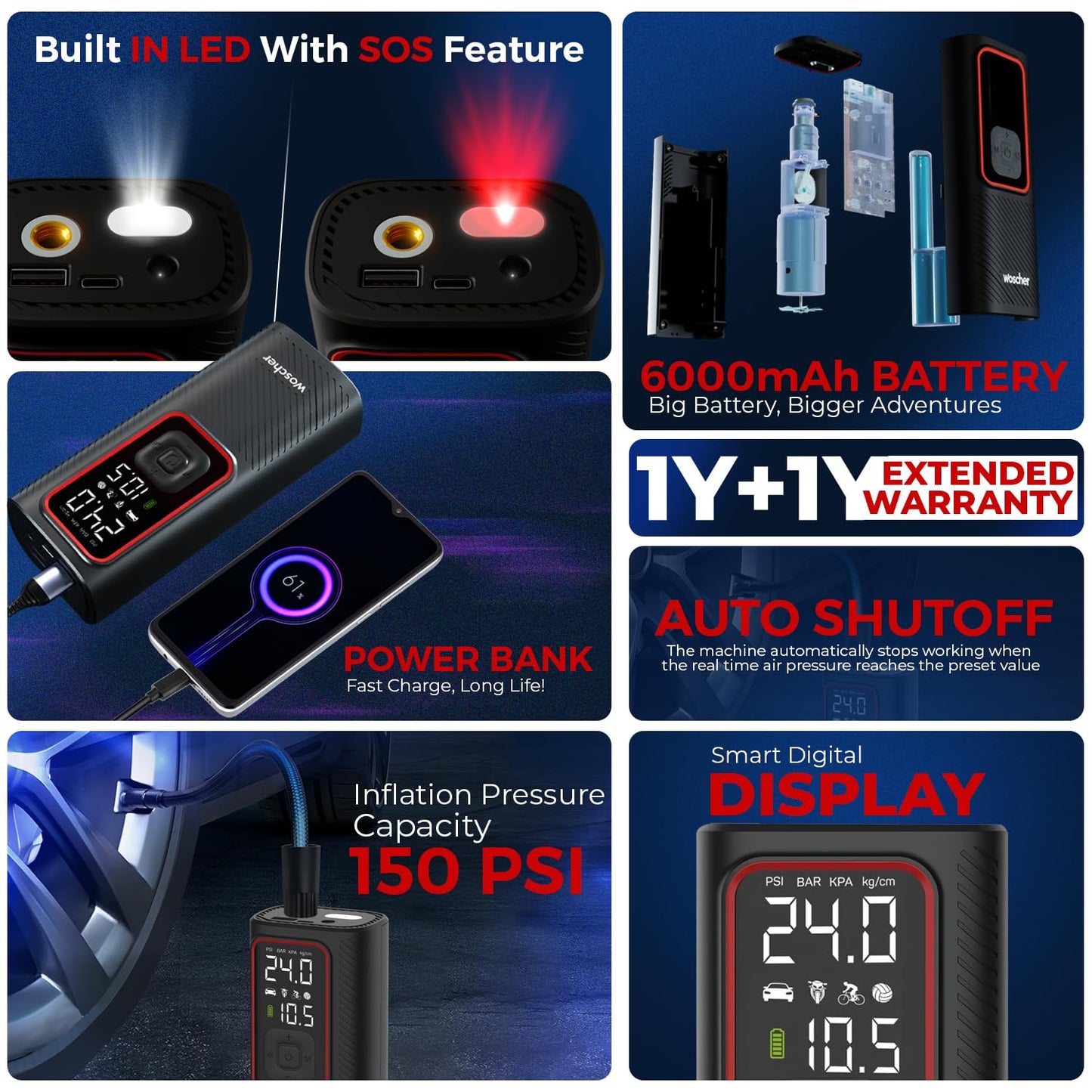 X Dual Mode Use (6000 mAh Battery & 12V USB Port) Portable Tyre Inflator for Car & Bike with 150 PSI | Digital Display, Auto Shutoff | Air Pump Compressor for Car Tyre, Bikes,Bicycles,Balls