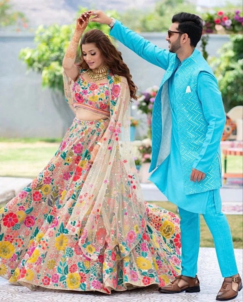 Colorful Floral Thread Embroidered Work Georgette Semi Stiched Lehenga Choli