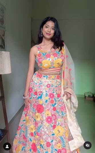 Colorful Floral Thread Embroidered Work Georgette Semi Stiched Lehenga Choli