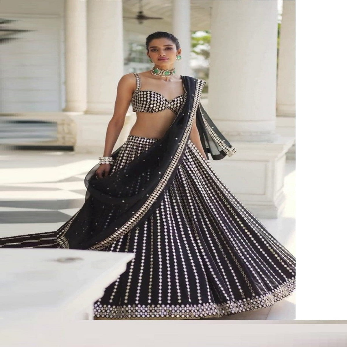 Black Georgette Pepar Mirror Worked Wedding Wear Lehenga Choli