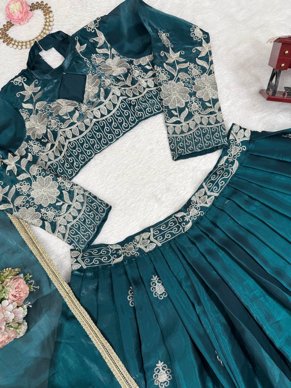 Wedding Wear Rama Colour Silk Thread Work Lehenga Choli
