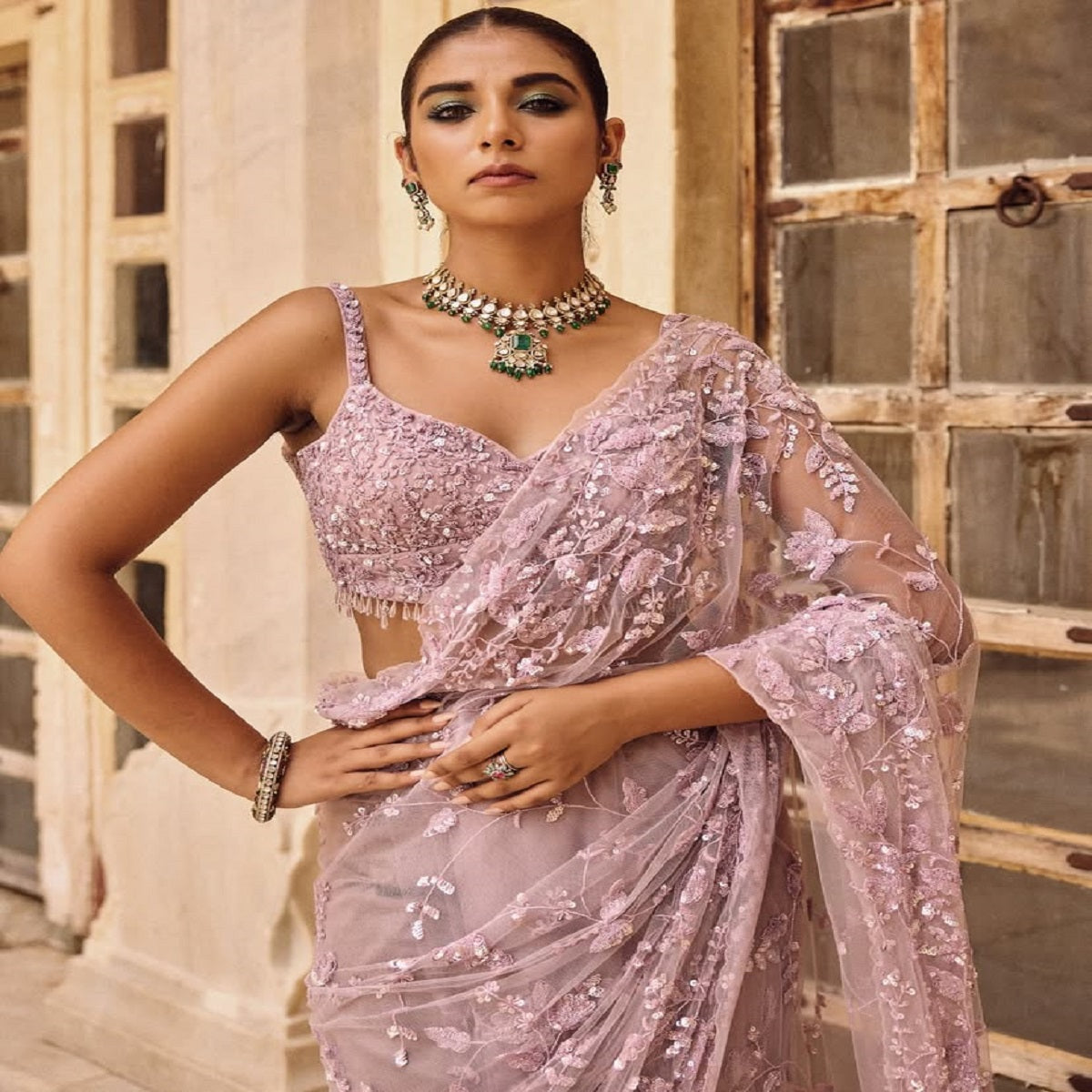 Onion Soft Net Sparkling Sequence Work Saree