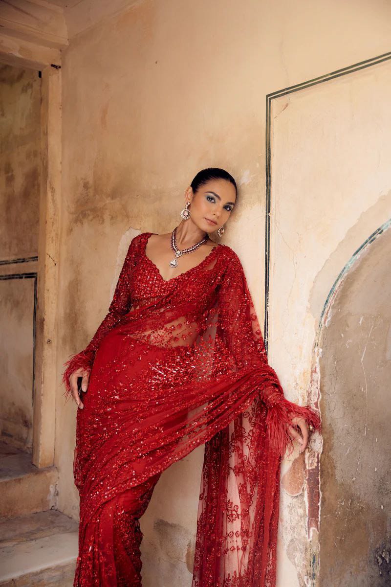 Red Soft Net Sequence Embroidary Work Party Wear Saree