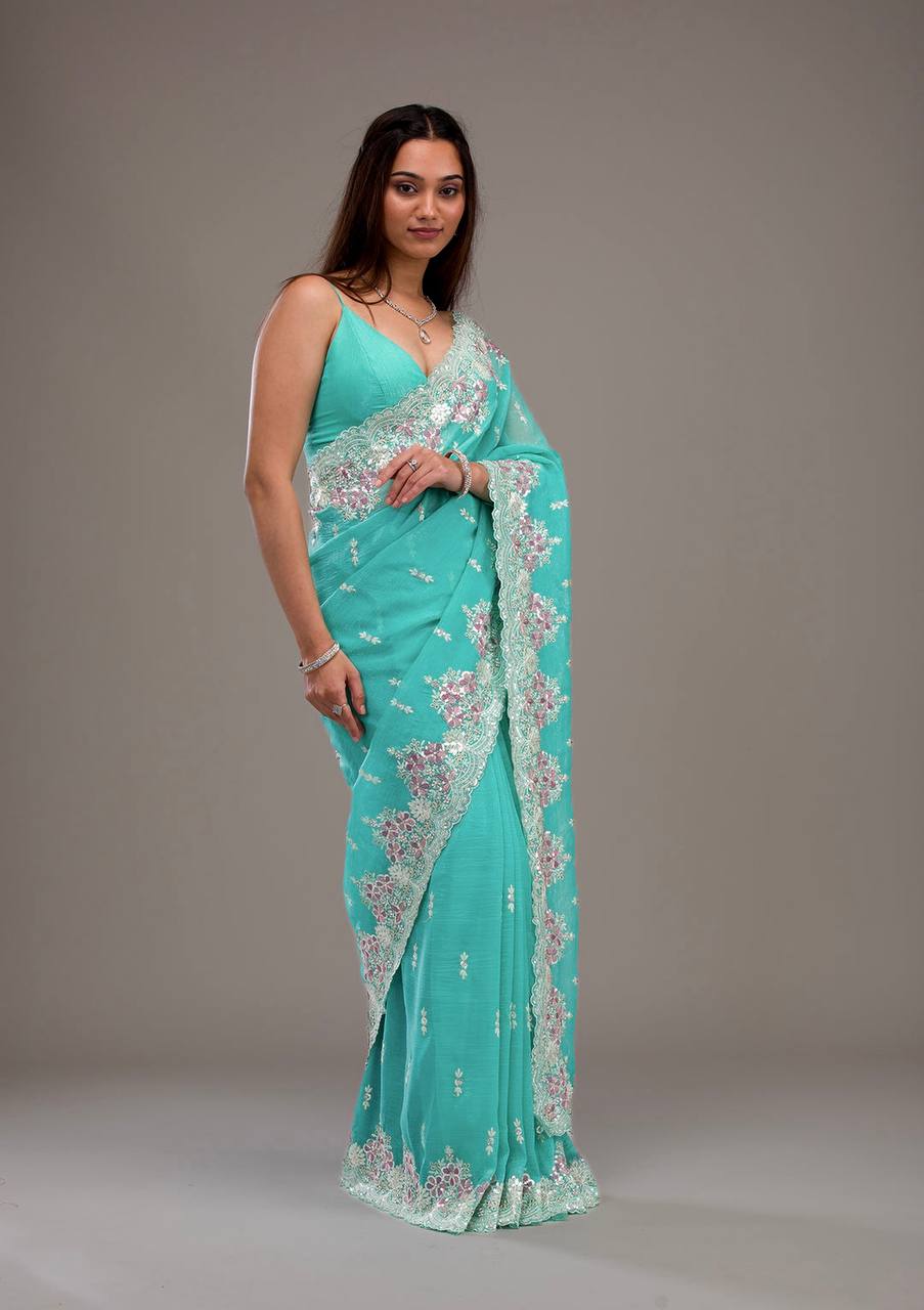 Wedding Wear Sky Firozi Color Silk Embroidered Saree Blouse