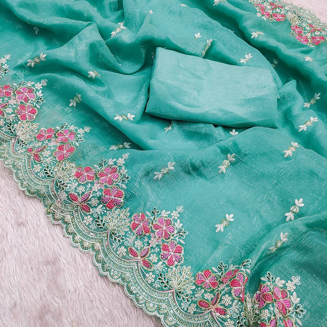Wedding Wear Sky Firozi Color Silk Embroidered Saree Blouse