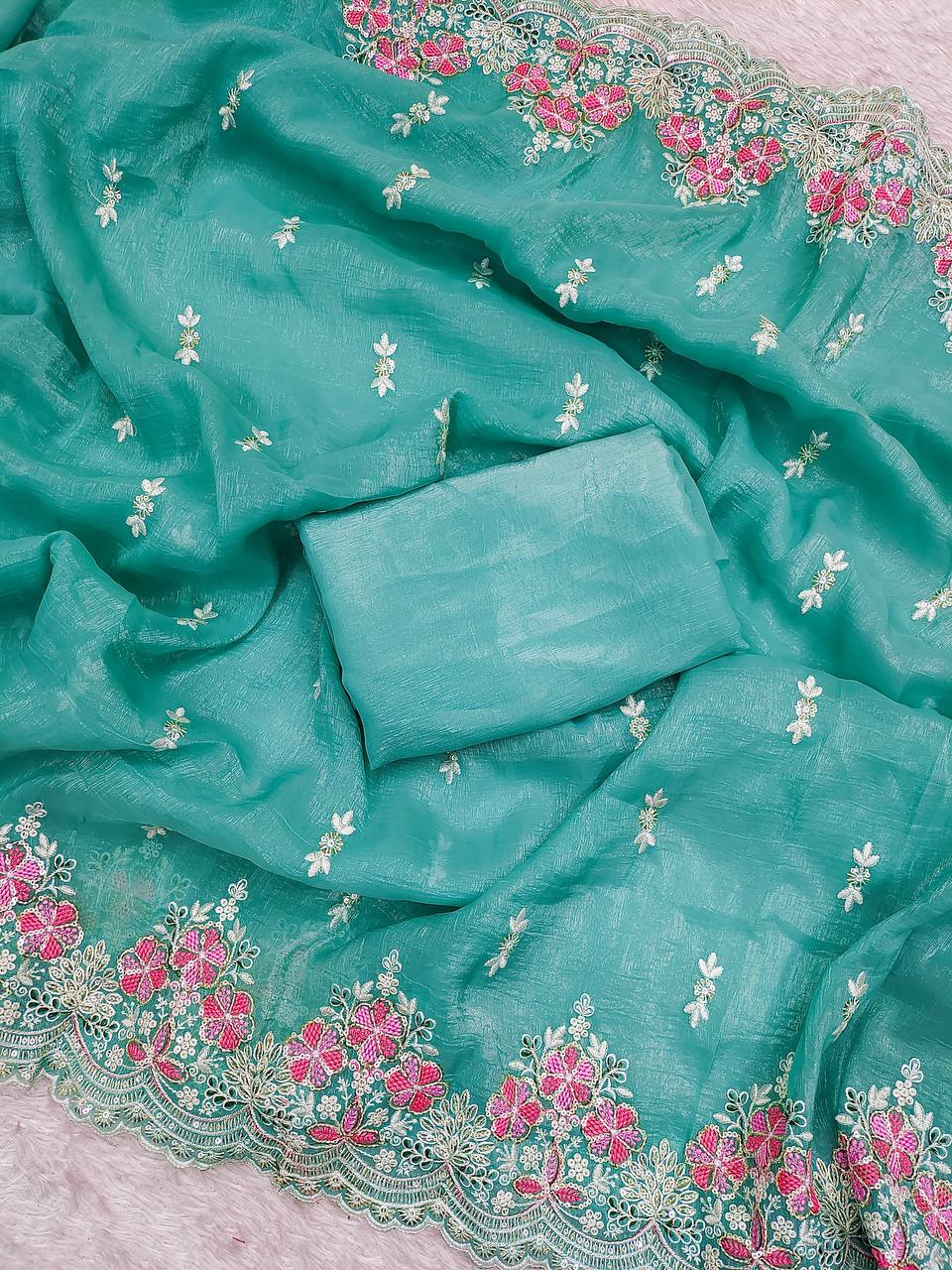 Wedding Wear Sky Firozi Color Silk Embroidered Saree Blouse