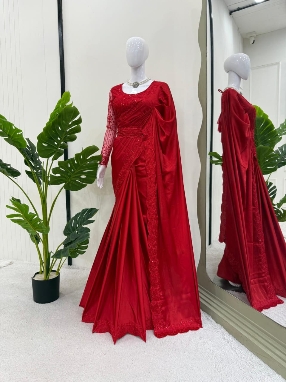 Satin Silk Red Color With Belt and Designer Blouse