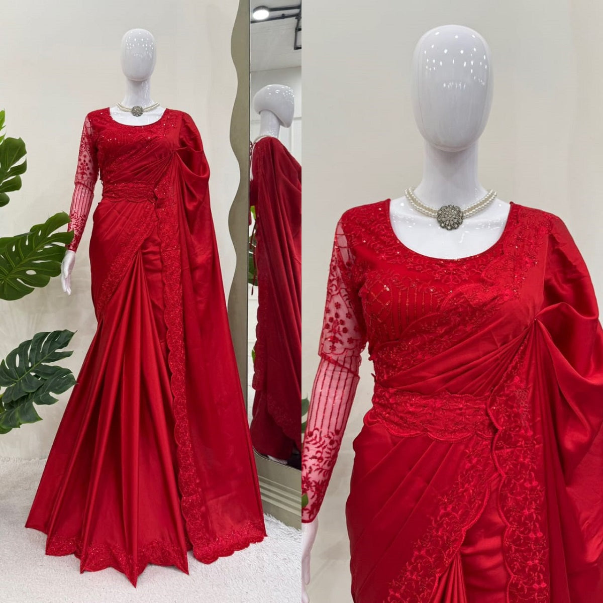 Satin Silk Red Color With Belt and Designer Blouse