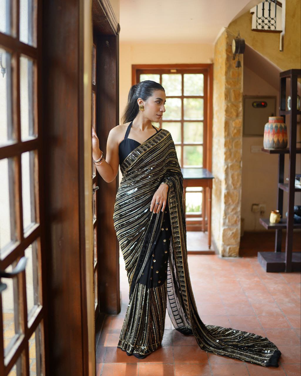 Gold Sequence Work Black Georgette Party Wear Saree