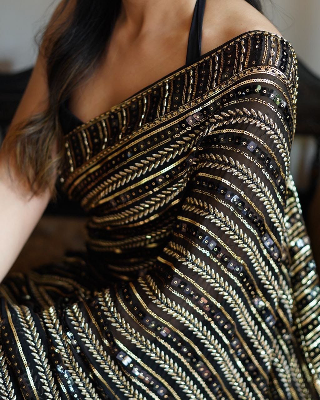 Gold Sequence Work Black Georgette Party Wear Saree