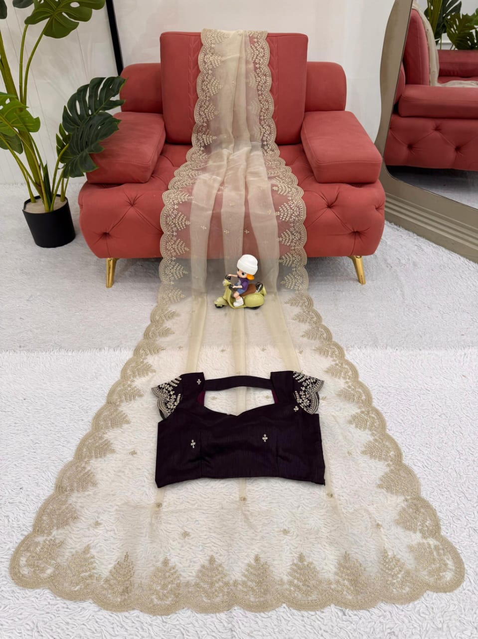 Designer Beige Organza Saree with Stylish Blouse