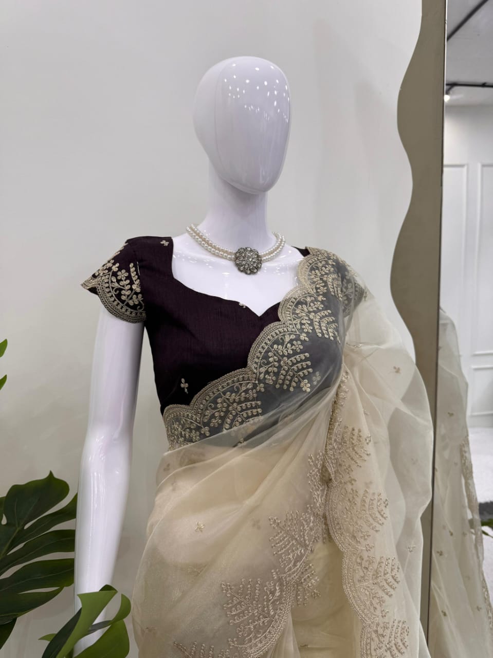 Designer Beige Organza Saree with Stylish Blouse