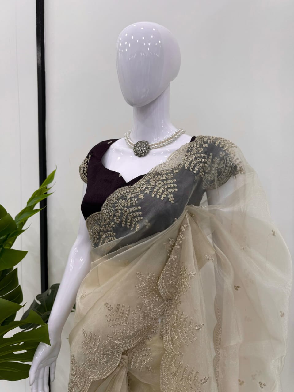 Designer Beige Organza Saree with Stylish Blouse