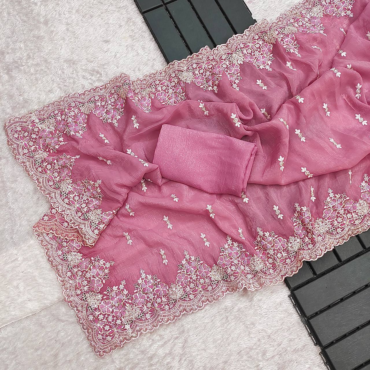 Wedding Wear Pink Color Silk Embroidered Saree Blouse For Women