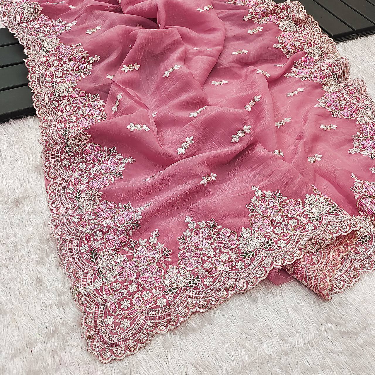 Wedding Wear Pink Color Silk Embroidered Saree Blouse For Women