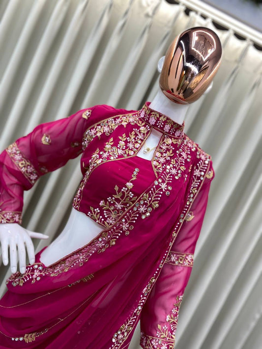 Rose Pink Georgette Stitched Lehenga Saree