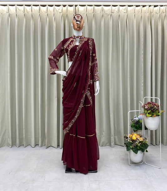 Brown Georgette Stitched Lehenga Saree