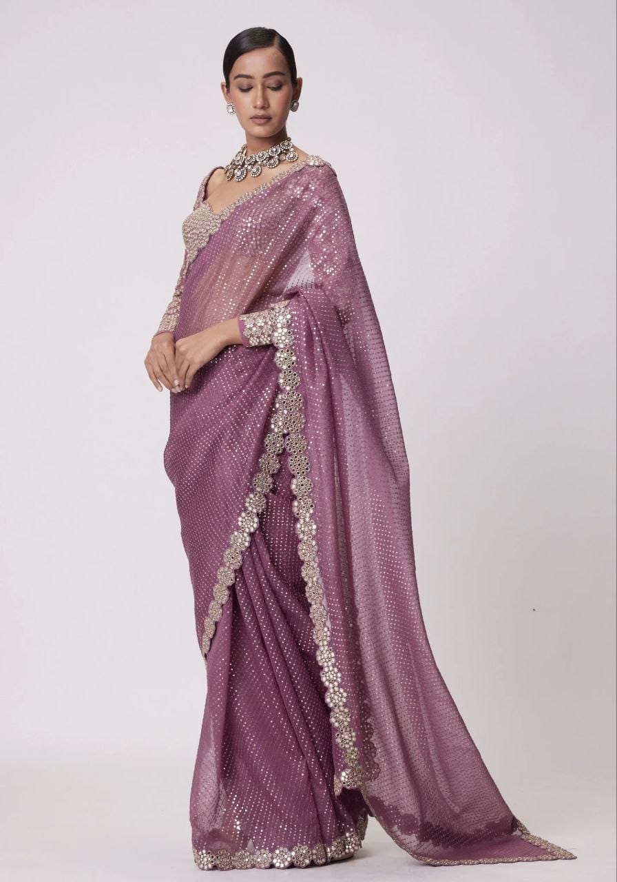 Onion Real Mirror Work Wedding Wear Saree