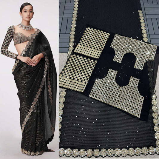 Black Real Mirror Work Viral Saree