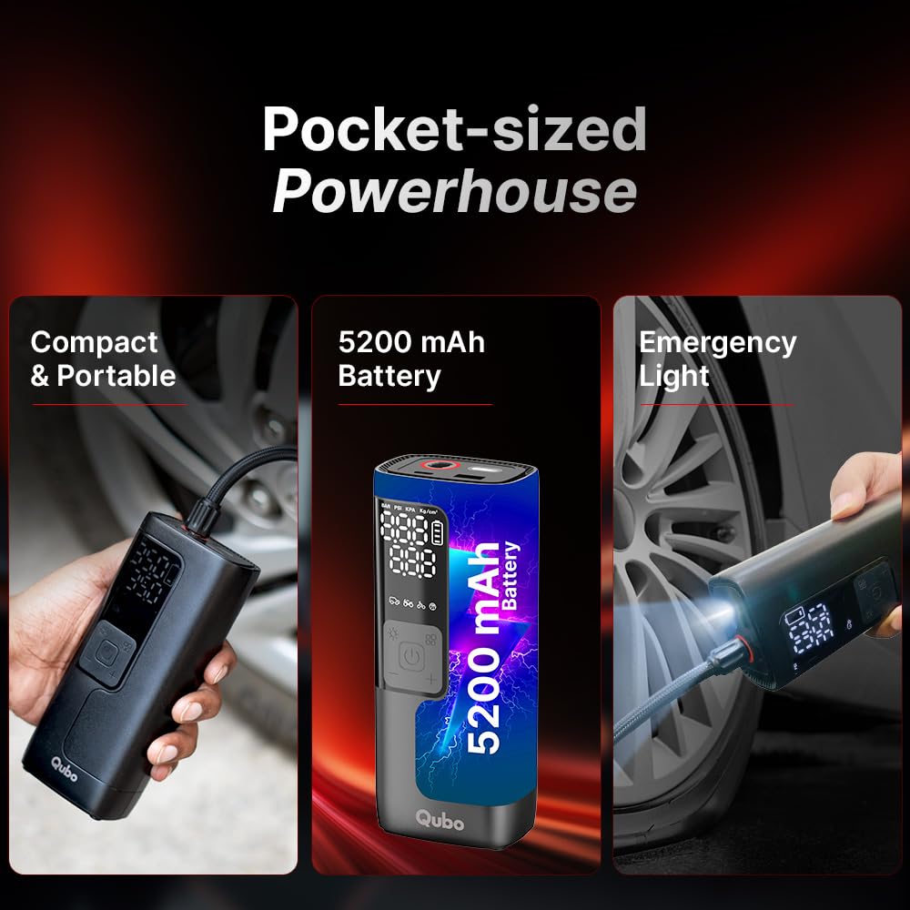 Qubo Digital Tyre Pressure Inflator | 150 PSI | 5000 mAh Battery | Type-C Charging | LED Light | Digital Display | 5 Air Fill Modes | Multiple Modes | Multiple Nozzles