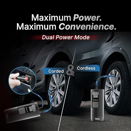 Qubo Digital Tyre Pressure Inflator Max | 150 PSI | 5200 mAh Battery | Dual Mode (Battery + 12V Port) | Super Fast Inflation | Digital Display | 5 Air Fill Modes | Auto Cut-Off | Multiple Nozzles