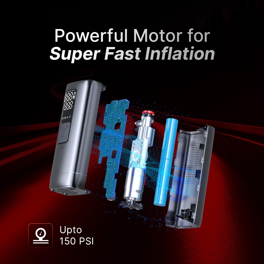 Qubo Digital Tyre Pressure Inflator | 150 PSI | 5000 mAh Battery | Type-C Charging | LED Light | Digital Display | 5 Air Fill Modes | Multiple Modes | Multiple Nozzles