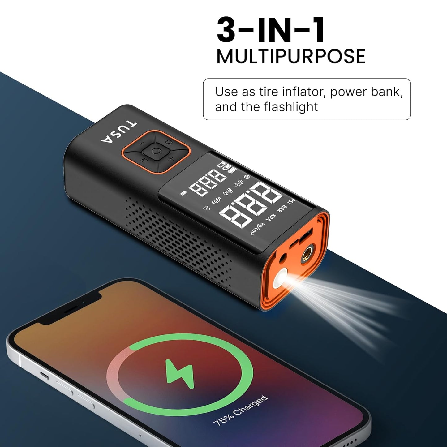 Dual Mode Battery & 12V Car Port, 2X Faster Inflation Wireless Air Pump, 150PSI Portable Air Compressor for Cars, Bikes, Motorcycles, Balls, and Inflatables (Orange)