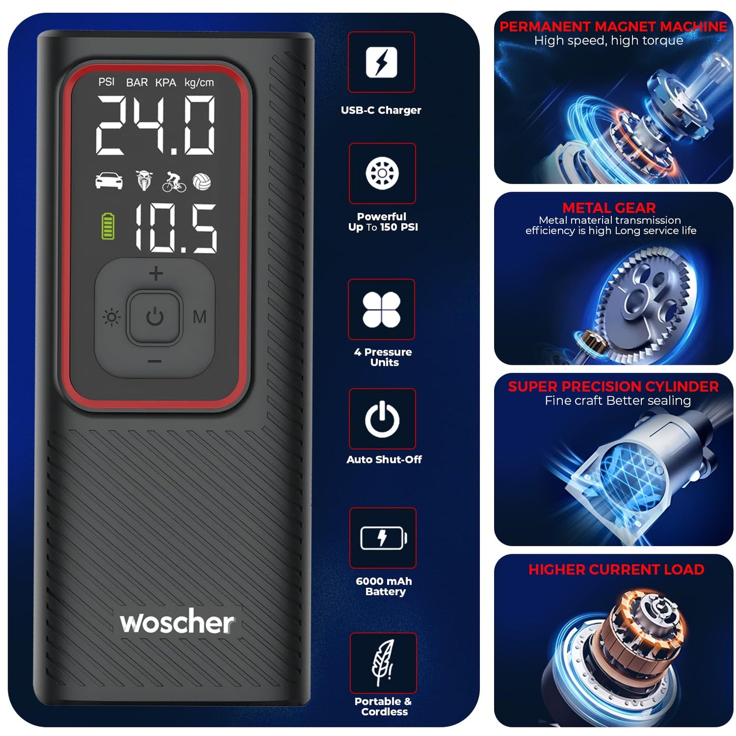 X Dual Mode Use (6000 mAh Battery & 12V USB Port) Portable Tyre Inflator for Car & Bike with 150 PSI | Digital Display, Auto Shutoff | Air Pump Compressor for Car Tyre, Bikes,Bicycles,Balls