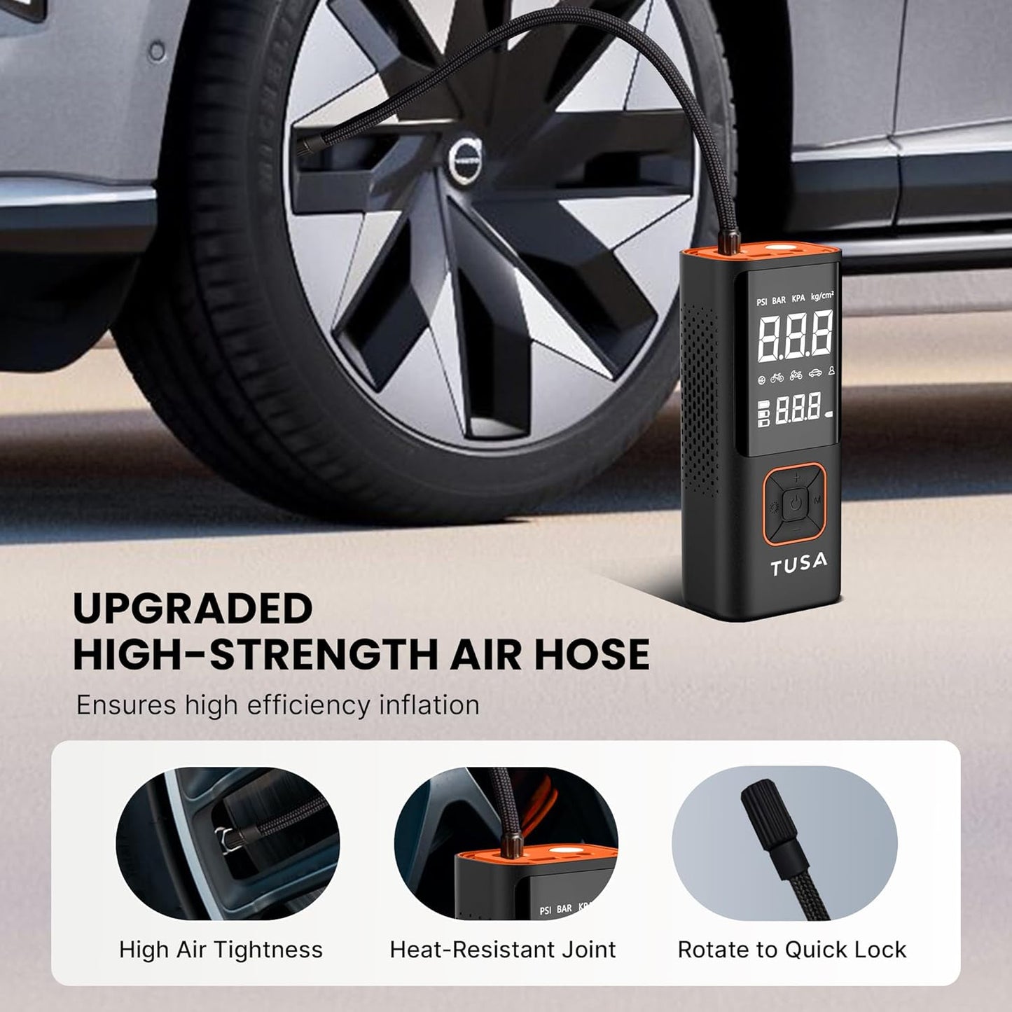 Dual Mode Battery & 12V Car Port, 2X Faster Inflation Wireless Air Pump, 150PSI Portable Air Compressor for Cars, Bikes, Motorcycles, Balls, and Inflatables (Orange)