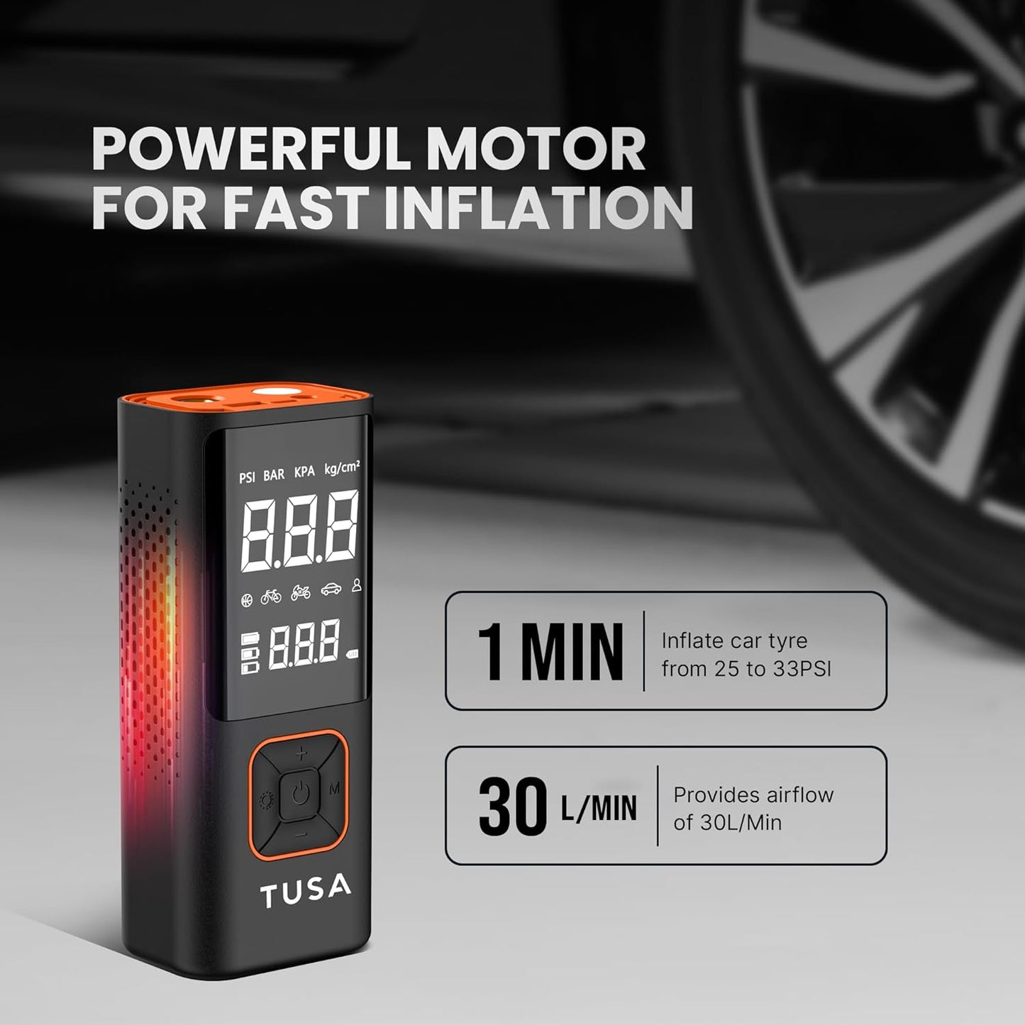 Dual Mode Battery & 12V Car Port, 2X Faster Inflation Wireless Air Pump, 150PSI Portable Air Compressor for Cars, Bikes, Motorcycles, Balls, and Inflatables (Orange)