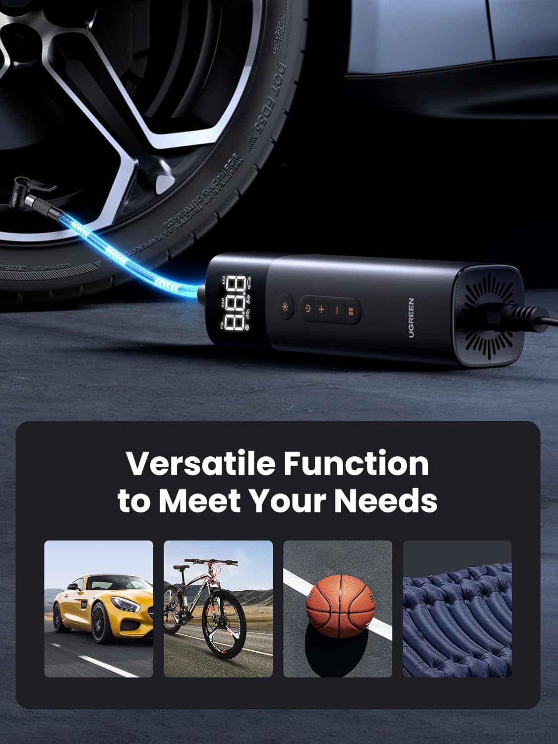 Tyre Inflator Portable Air Pump 150PSI/10.3BAR DC 12V Air Compressor with LED Light, Tire Pressure Detection, Inflate for Car, Bike, Motorcycle, Ball, Air Mattress, Pool Toys