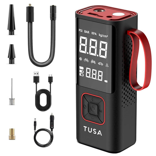 6000 mAh Battery - 2X Faster Inflation - Dual Mode (Battery & 12V Car Port), 150PSI Air Compressor for Cars, Bikes, Motorcycles, Balls, and Inflatables (Red)