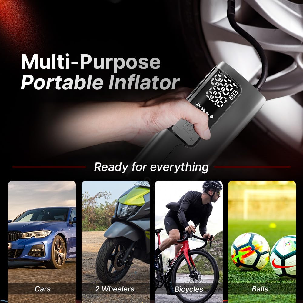 Qubo Digital Tyre Pressure Inflator | 150 PSI | 5000 mAh Battery | Type-C Charging | LED Light | Digital Display | 5 Air Fill Modes | Multiple Modes | Multiple Nozzles
