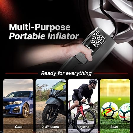 Qubo Digital Tyre Pressure Inflator Max | 150 PSI | 5200 mAh Battery | Dual Mode (Battery + 12V Port) | Super Fast Inflation | Digital Display | 5 Air Fill Modes | Auto Cut-Off | Multiple Nozzles