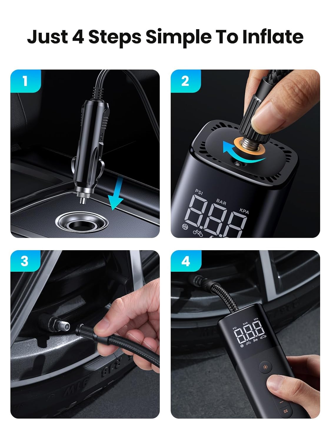 Tyre Inflator Portable Air Pump 150PSI/10.3BAR DC 12V Air Compressor with LED Light, Tire Pressure Detection, Inflate for Car, Bike, Motorcycle, Ball, Air Mattress, Pool Toys