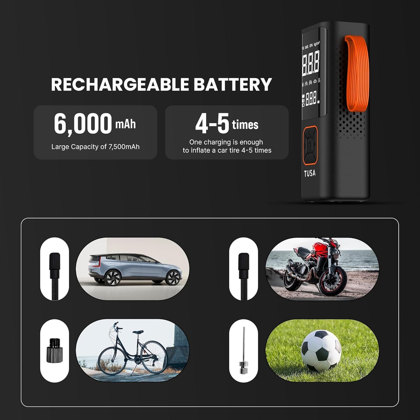 Dual Mode Battery & 12V Car Port, 2X Faster Inflation Wireless Air Pump, 150PSI Portable Air Compressor for Cars, Bikes, Motorcycles, Balls, and Inflatables (Orange)
