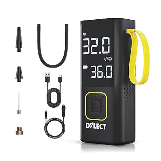 Dylect Tyre Inflator for Car and Bike| Home Use| Works Both on DC Port & Battery| Type-C Charging| 6000mAh BIS Certified| Super Fast Inflation| 5 Fill Modes| AutoCutoff| Multiple Nozzles| 15mWarranty