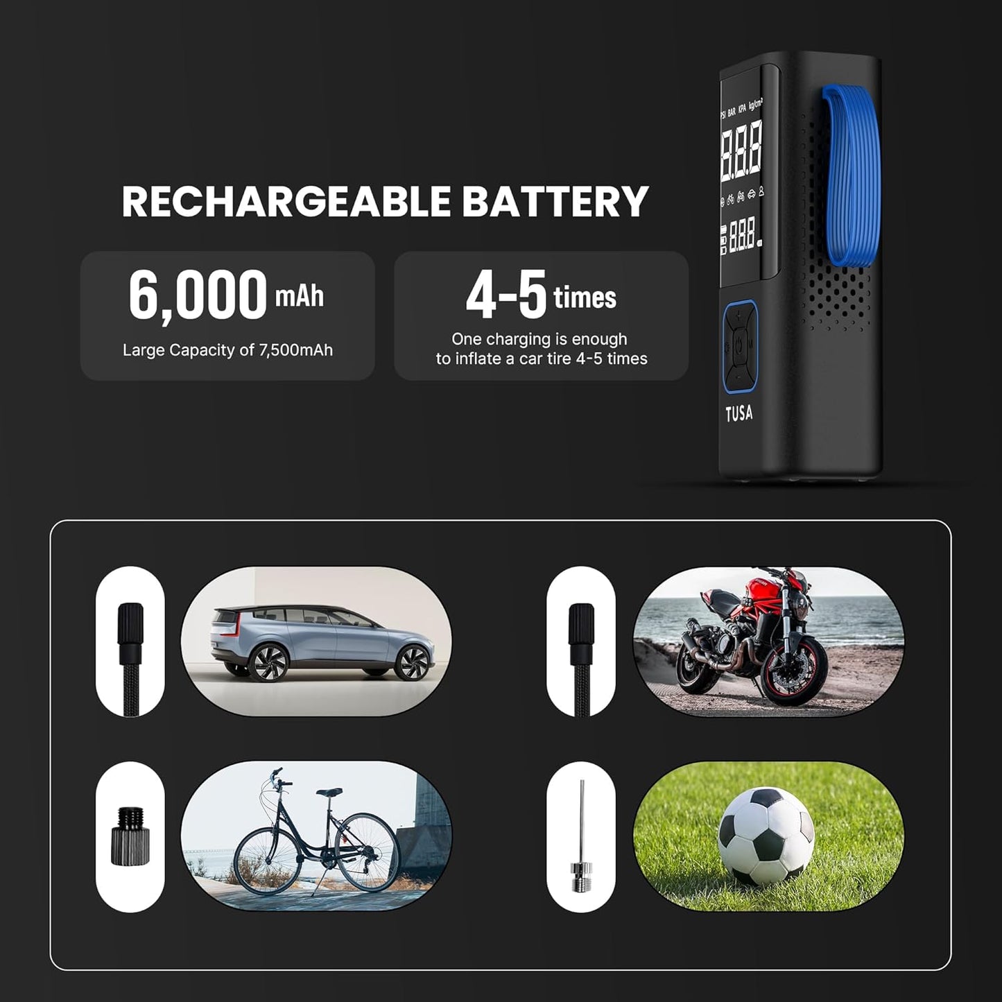 Dual Mode Battery & 12V Car Port, 2X Faster Inflation Wireless Air Pump, 150PSI Portable Air Compressor for Cars, Bikes, Motorcycles, Balls, and Inflatables