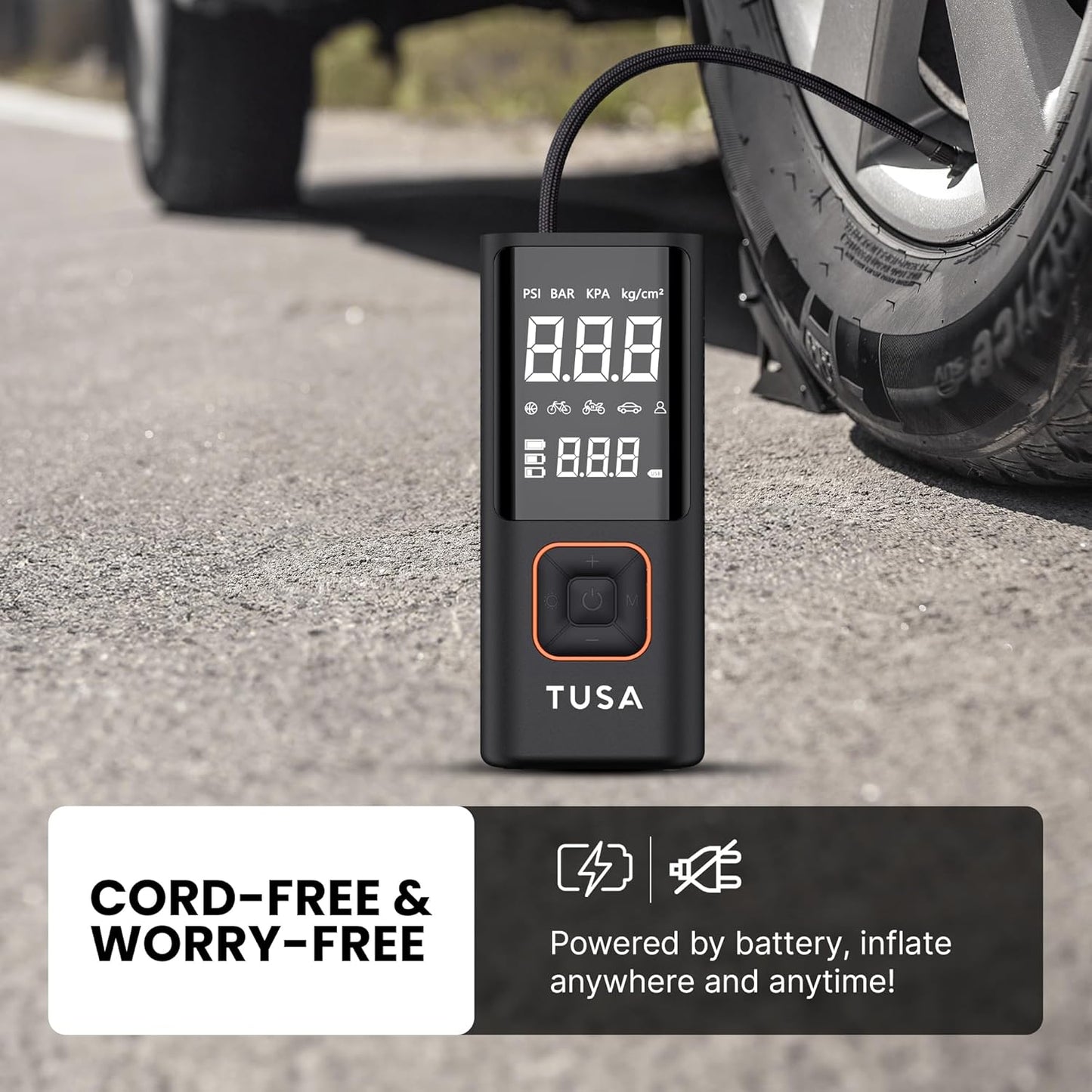 Dual Mode Battery & 12V Car Port, 2X Faster Inflation Wireless Air Pump, 150PSI Portable Air Compressor for Cars, Bikes, Motorcycles, Balls, and Inflatables (Orange)