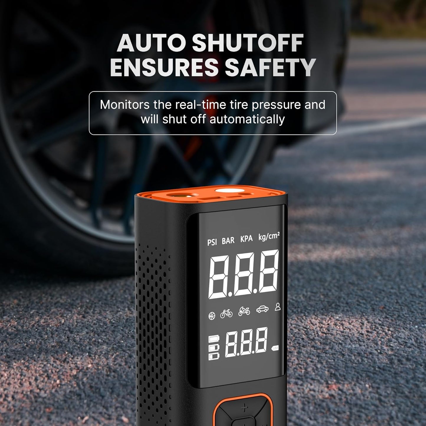 Dual Mode Battery & 12V Car Port, 2X Faster Inflation Wireless Air Pump, 150PSI Portable Air Compressor for Cars, Bikes, Motorcycles, Balls, and Inflatables (Orange)
