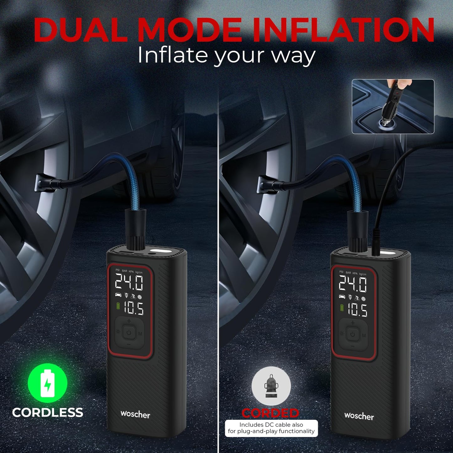 X Dual Mode Use (6000 mAh Battery & 12V USB Port) Portable Tyre Inflator for Car & Bike with 150 PSI | Digital Display, Auto Shutoff | Air Pump Compressor for Car Tyre, Bikes,Bicycles,Balls