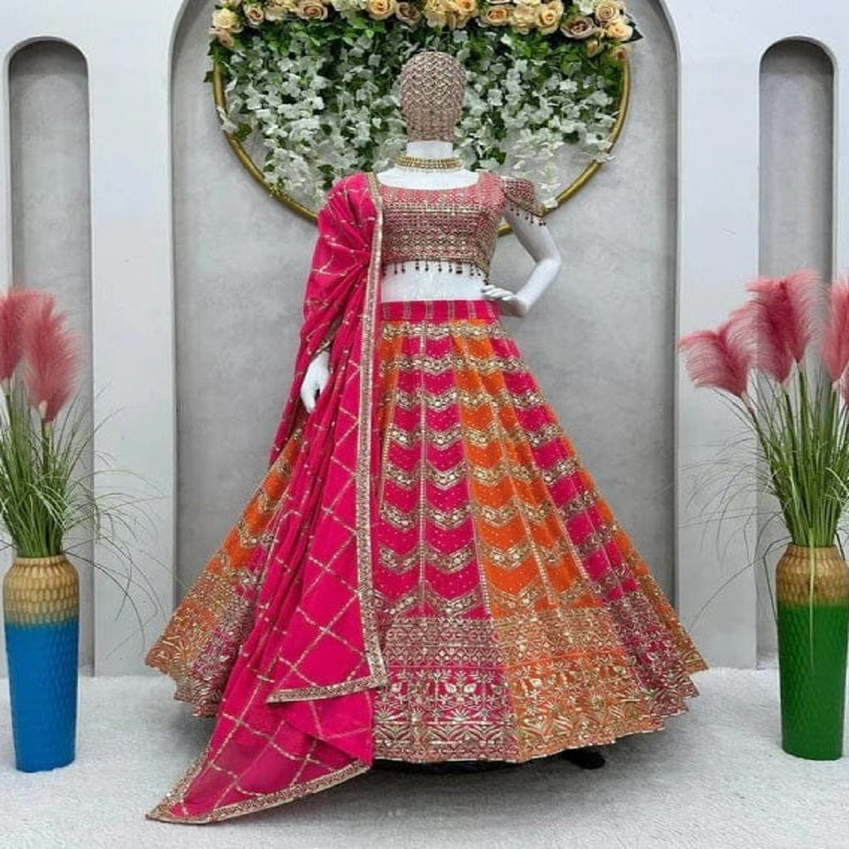 Designer Pink Orange Color Georgette Sequence Work Wedding Wear Lehenga