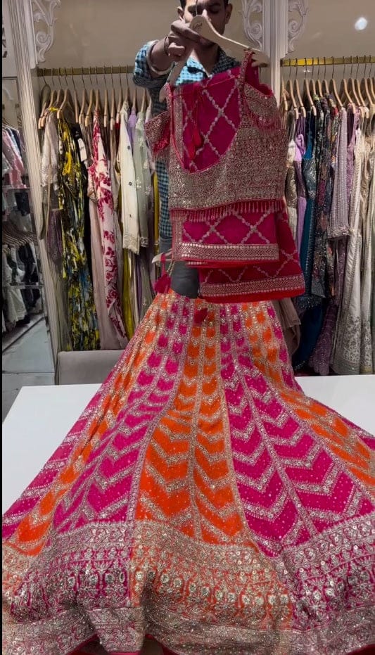 Designer Pink Orange Color Georgette Sequence Work Wedding Wear Lehenga