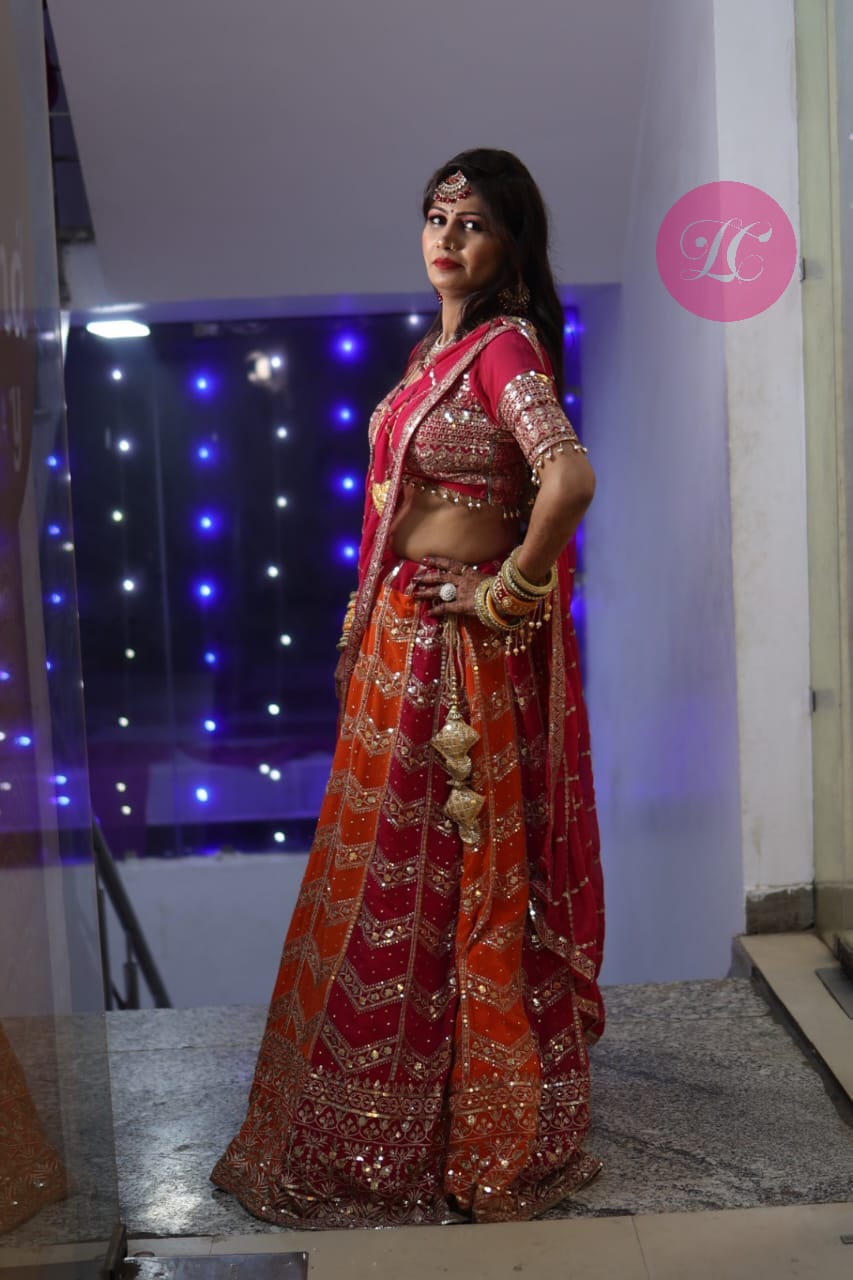 Designer Pink Orange Color Georgette Sequence Work Wedding Wear Lehenga