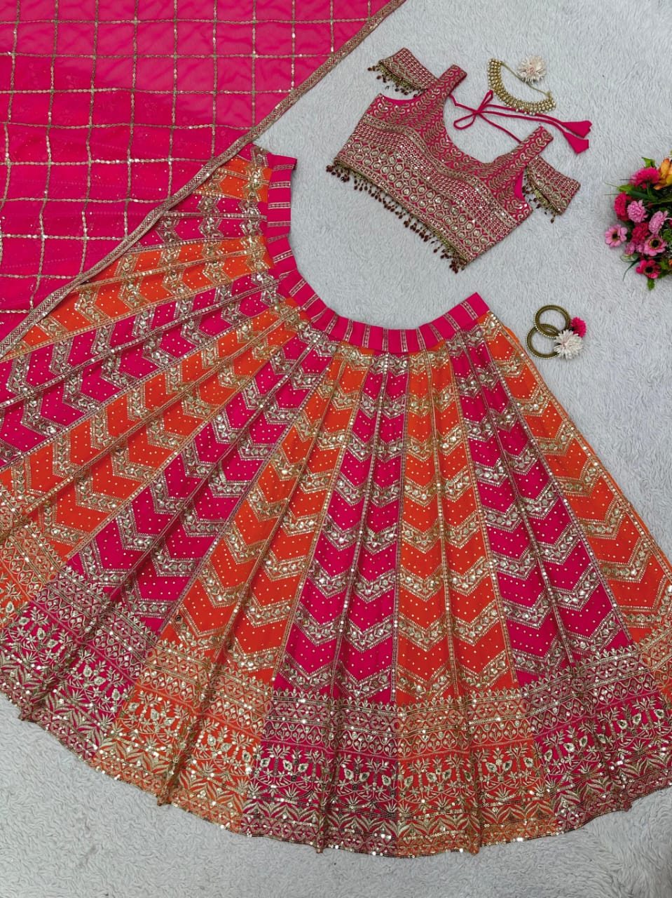Designer Pink Orange Color Georgette Sequence Work Wedding Wear Lehenga