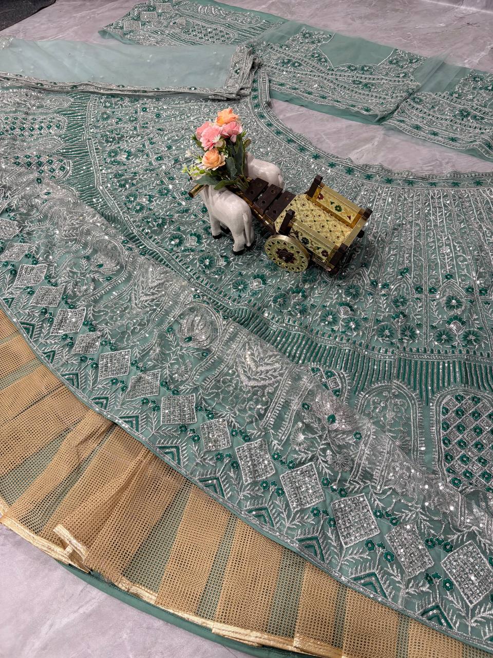 Rama Green Soft Net Wedding Wear Beautiful Lehenga Choli