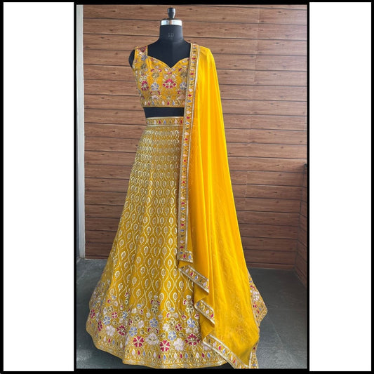 Yellow Designer Embroidary Sequence Worked Lehenga For Haldi Ceremony