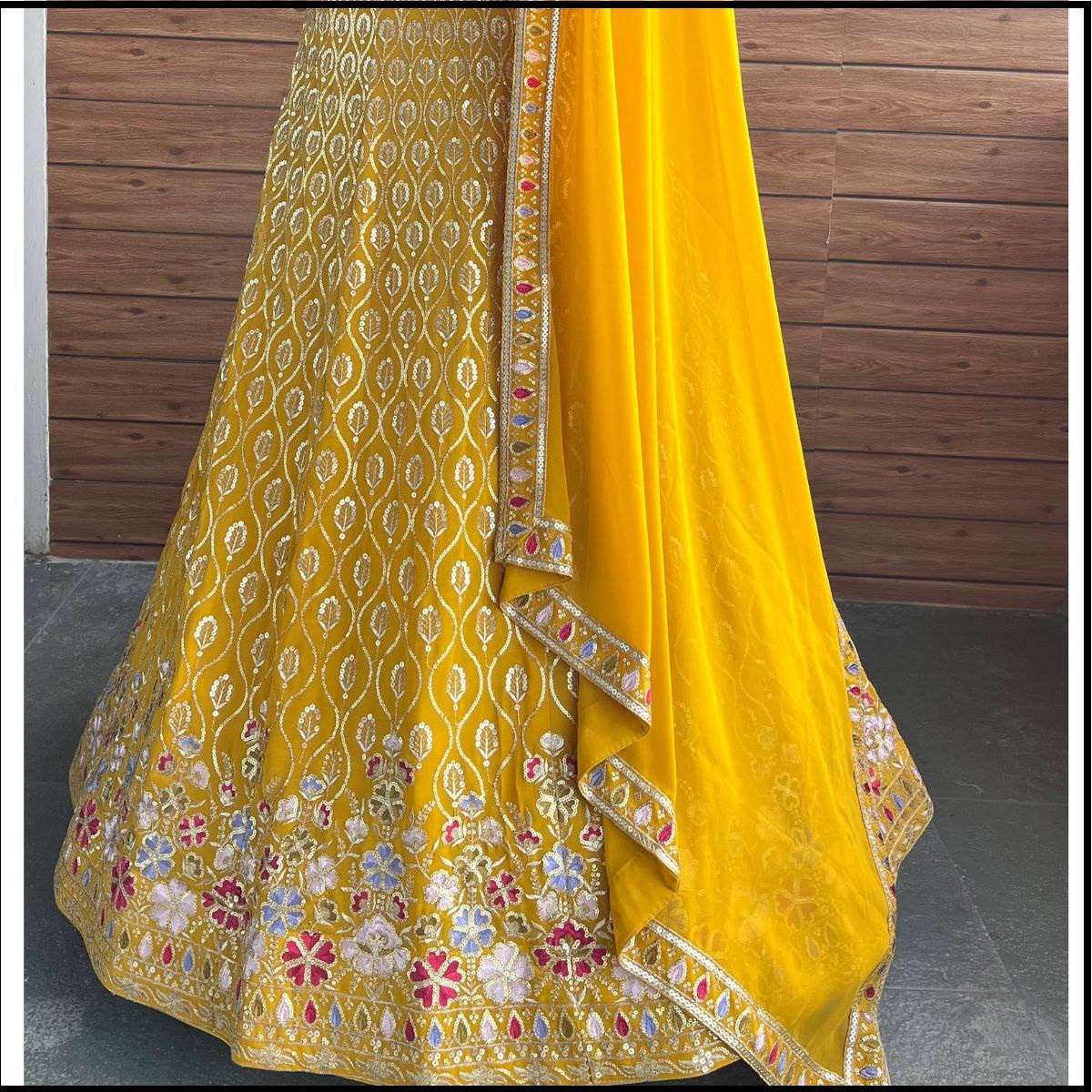 Yellow Designer Embroidary Sequence Worked Lehenga For Haldi Ceremony