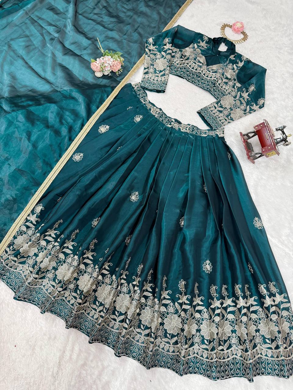 Wedding Wear Rama Colour Silk Thread Work Lehenga Choli
