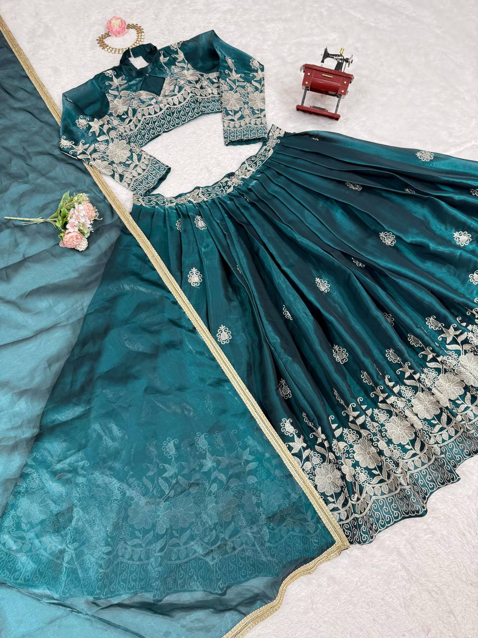 Wedding Wear Rama Colour Silk Thread Work Lehenga Choli